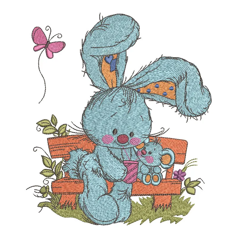 Embroidery design featuring two bunnies sitting on a bench, perfect for adding charm to t-shirts or pillows.