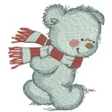 Embroidery design featuring a bear wrapped in a cozy striped scarf, ideal for stitching on children's apparel.