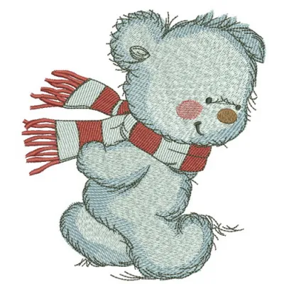 Embroidery design featuring a bear wrapped in a cozy striped scarf, ideal for stitching on children's apparel.