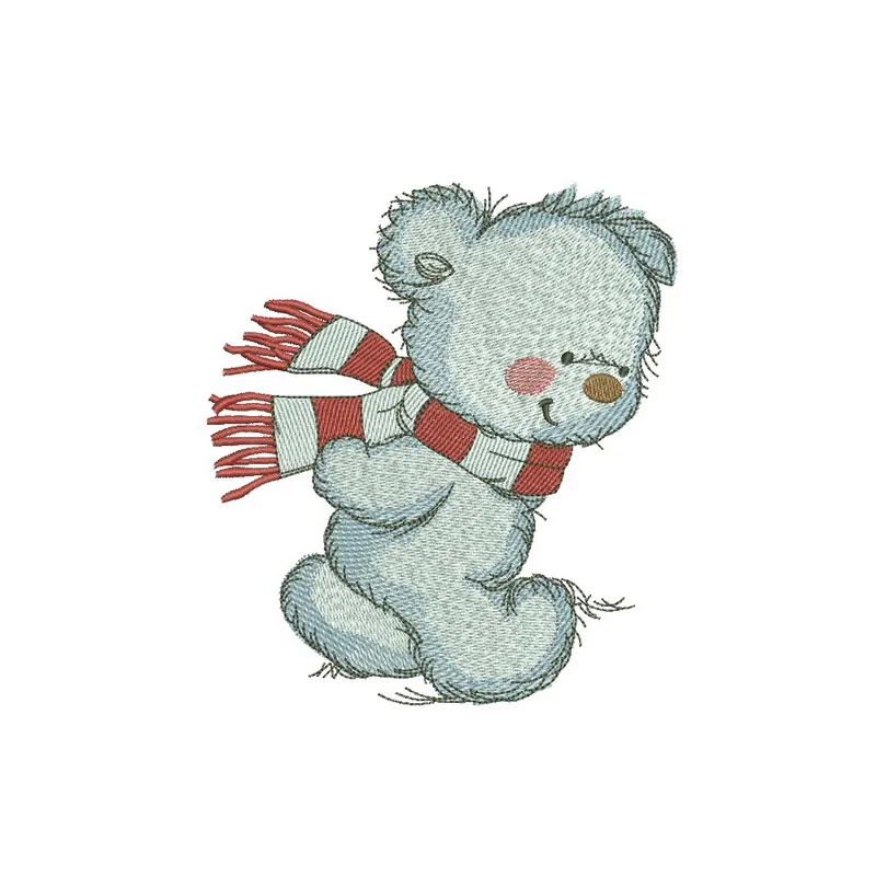 Embroidery design featuring a bear wrapped in a cozy striped scarf, ideal for stitching on children's apparel.