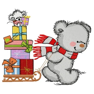 Embroidery design featuring a bear wearing a warm striped scarf, perfect for Christmas-themed projects.
