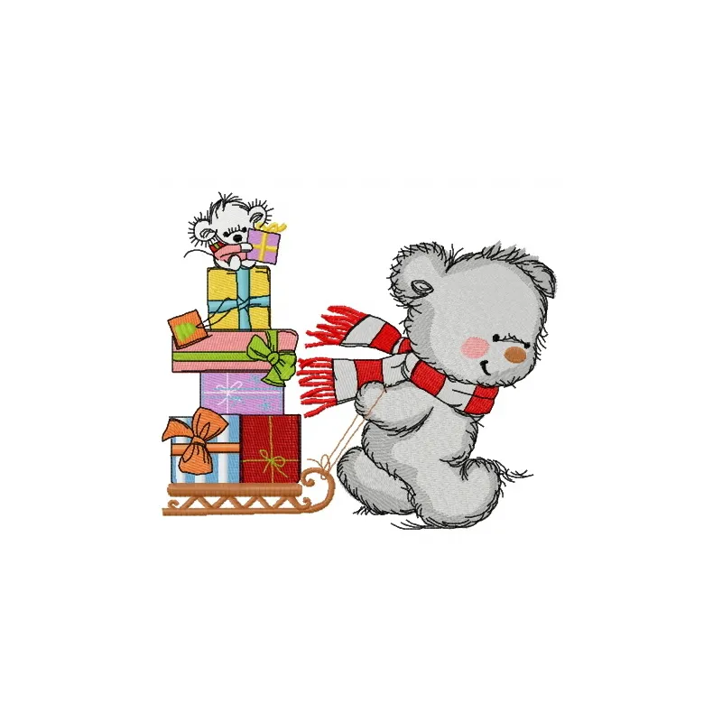 Embroidery design featuring a bear wearing a warm striped scarf, perfect for Christmas-themed projects.