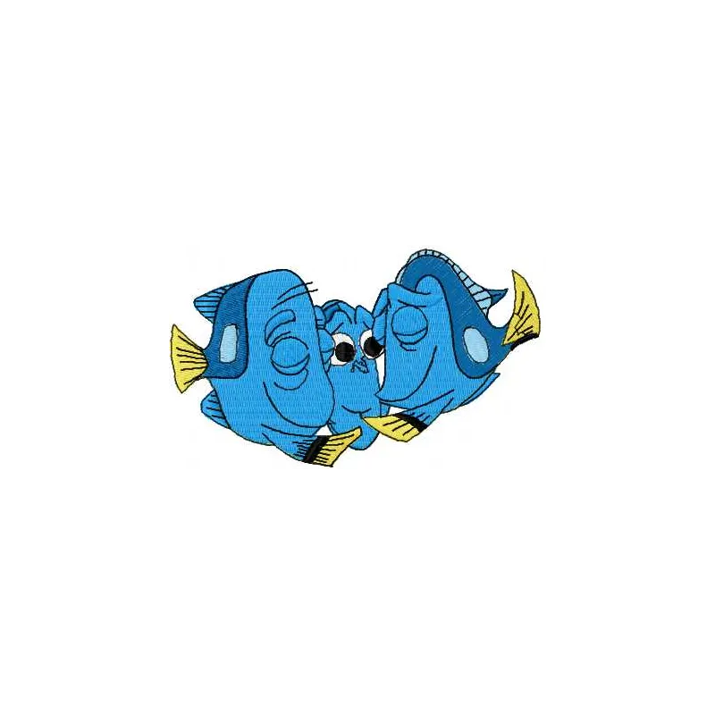 Embroidery design of Dory with her parents from Finding Nemo, showcasing colorful stitching patterns.