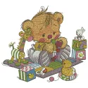 Embroidery design featuring a cute baby teddy bear surrounded by colorful toys, perfect for children's items.