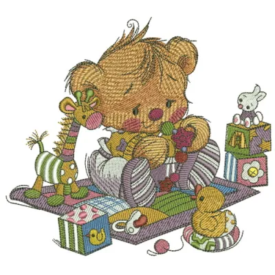 Embroidery design featuring a cute baby teddy bear surrounded by colorful toys, perfect for children's items.