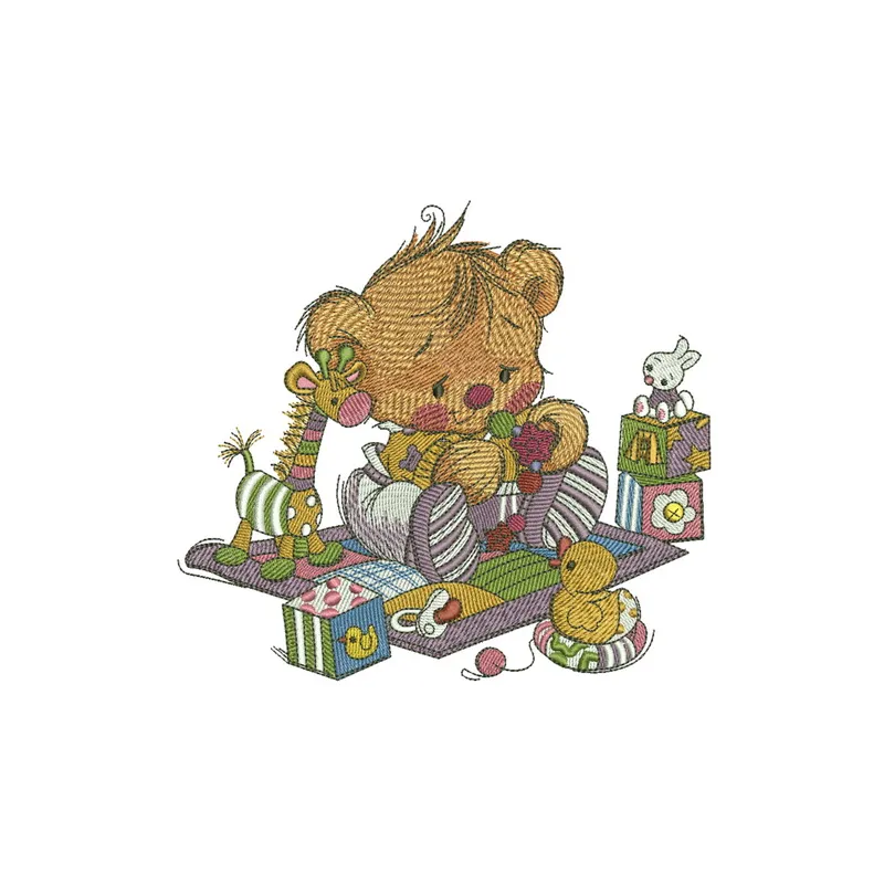 Embroidery design featuring a cute baby teddy bear surrounded by colorful toys, perfect for children's items.