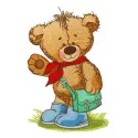 Teddy bear goes to school embroidery design featuring a cute bear with a backpack, perfect for children's items.
