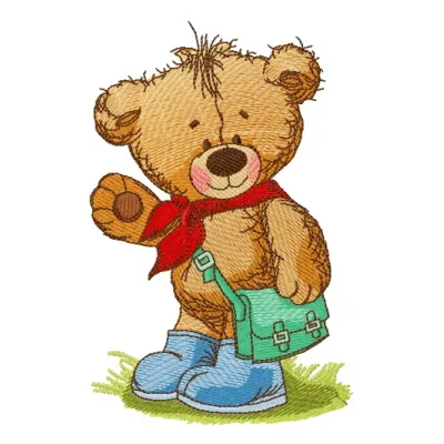 Teddy bear goes to school embroidery design featuring a cute bear with a backpack, perfect for children's items.