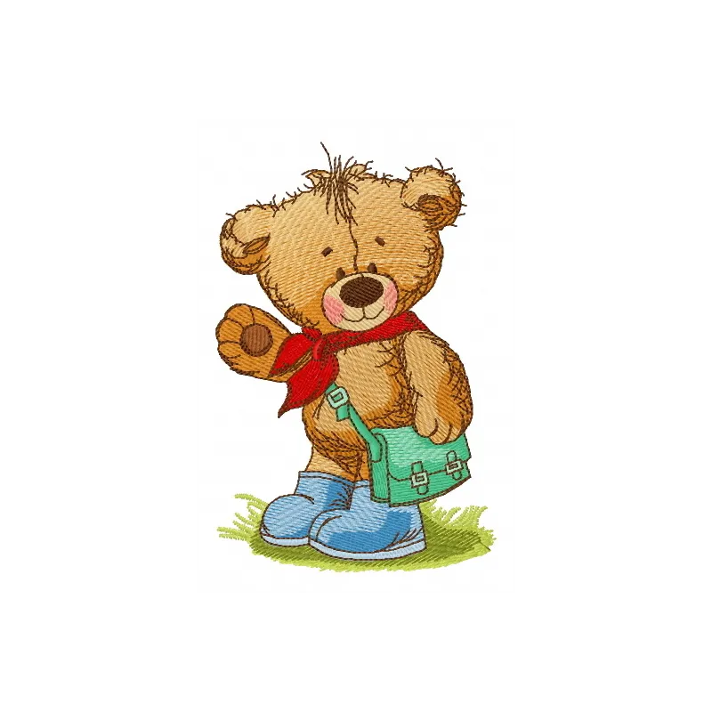 Teddy bear goes to school embroidery design featuring a cute bear with a backpack, perfect for children's items.