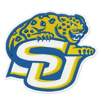 Southern Jaguars logo embroidery design, showcasing intricate stitching for college sports apparel and accessories.