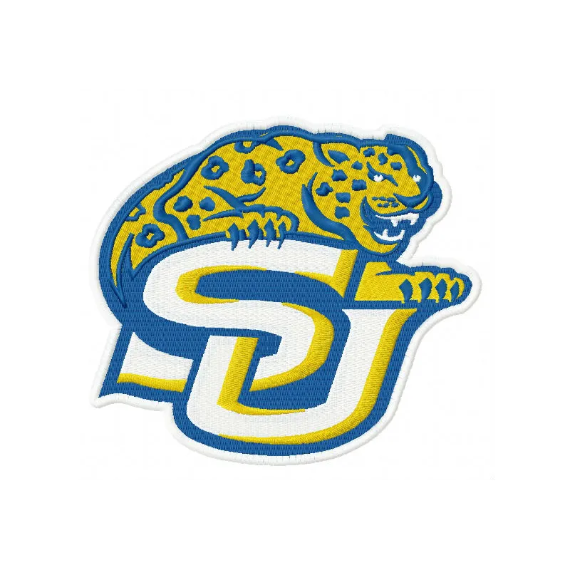 Southern Jaguars logo embroidery design, showcasing intricate stitching for college sports apparel and accessories.