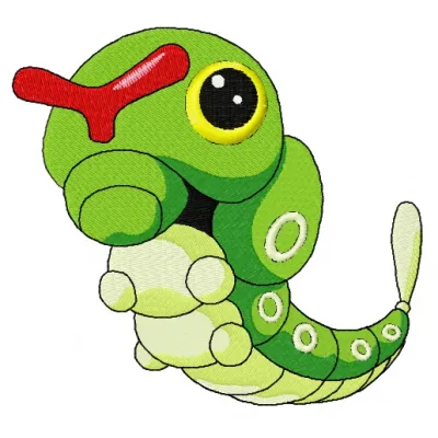 Caterpie embroidery design showcasing a whimsical stitched motif from the Pokemon collection.