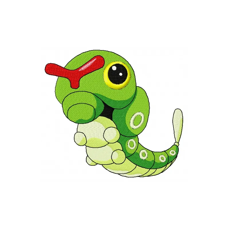 Caterpie embroidery design showcasing a whimsical stitched motif from the Pokemon collection.
