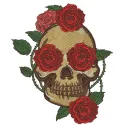 Embroidery design featuring a skull entwined with a prickly rose, ideal for creative stitching projects.