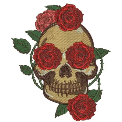 Embroidery design featuring a skull entwined with a prickly rose, ideal for creative stitching projects.