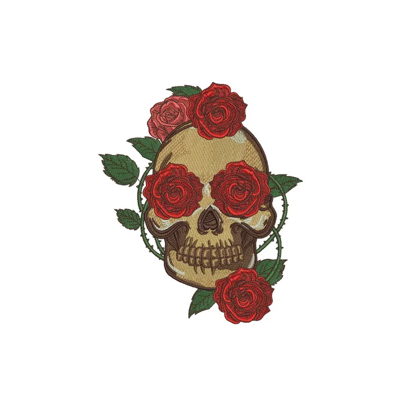 Embroidery design featuring a skull entwined with a prickly rose, ideal for creative stitching projects.