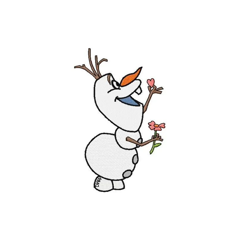 Olaf with flower embroidery design featuring the beloved snowman from Frozen, perfect for whimsical stitching projects.