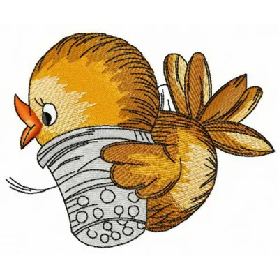 Sparrow with thimble embroidery design featuring a charming bird perched on a thimble, ideal for crafts and gifts.