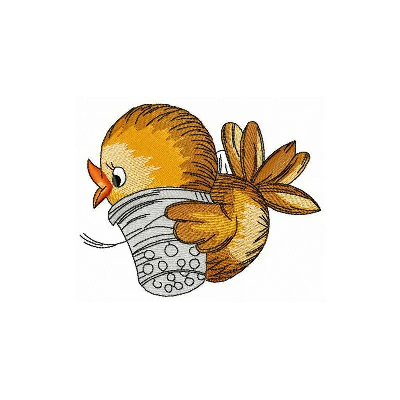 Sparrow with thimble embroidery design featuring a charming bird perched on a thimble, ideal for crafts and gifts.