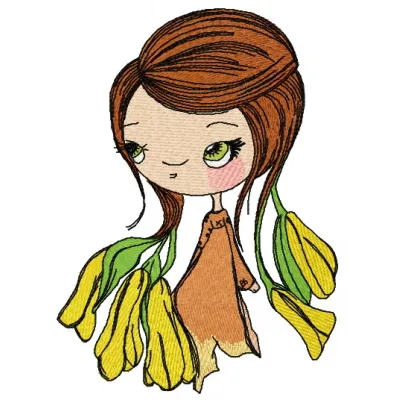 Shy blossom fairy embroidery design showcasing intricate details, perfect for embellishing t-shirts and tote bags.