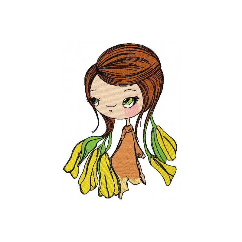 Shy blossom fairy embroidery design showcasing intricate details, perfect for embellishing t-shirts and tote bags.