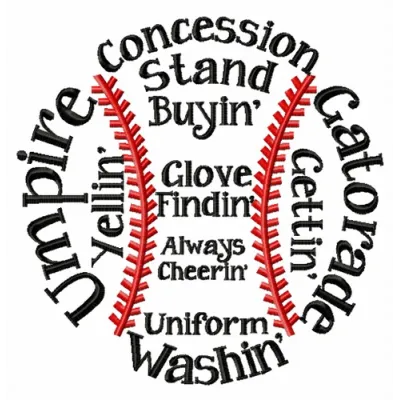 Baseball mom 2 embroidery design showcasing a heartfelt quote for stitching on apparel and accessories.