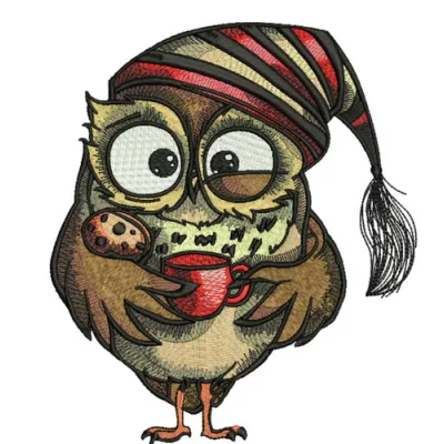 Owl in the morning 2 embroidery design showcasing a whimsical bird motif, perfect for creative stitching projects.