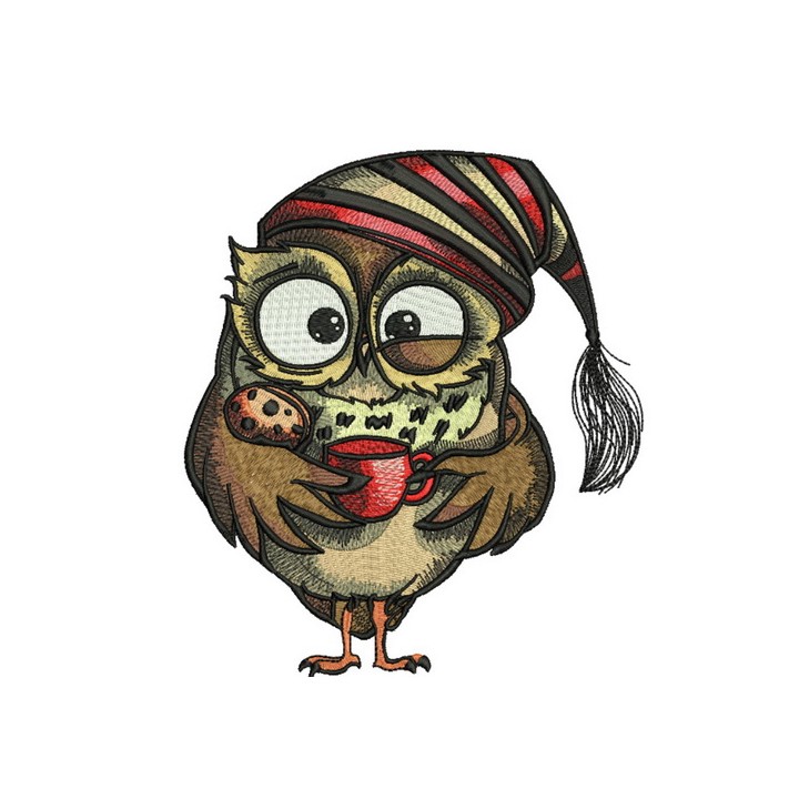 Owl in the morning 2 embroidery design showcasing a whimsical bird motif, perfect for creative stitching projects.