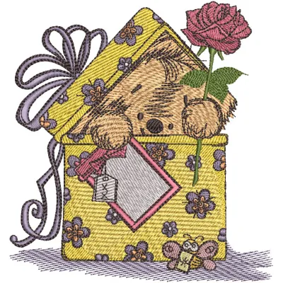 Preview of 'Surprise for You' embroidery design featuring a cute teddy bear, perfect for various stitching projects.