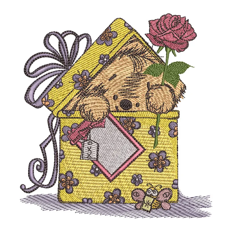 Preview of 'Surprise for You' embroidery design featuring a cute teddy bear, perfect for various stitching projects.