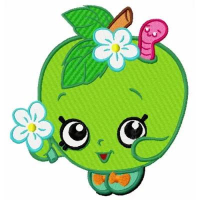 Cute apple embroidery design preview from the Fantastic World collection, showcasing vibrant colors and playful details.