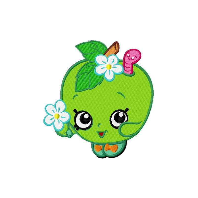 Cute apple embroidery design preview from the Fantastic World collection, showcasing vibrant colors and playful details.