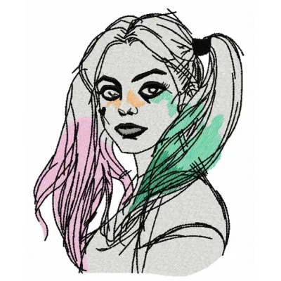 Harley Quinn embroidery design featuring vibrant colors and playful details from the Suicide Squad collection.