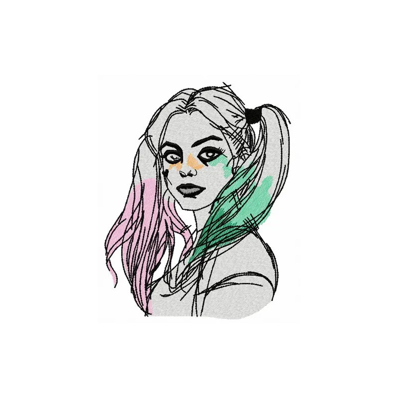 Harley Quinn embroidery design featuring vibrant colors and playful details from the Suicide Squad collection.