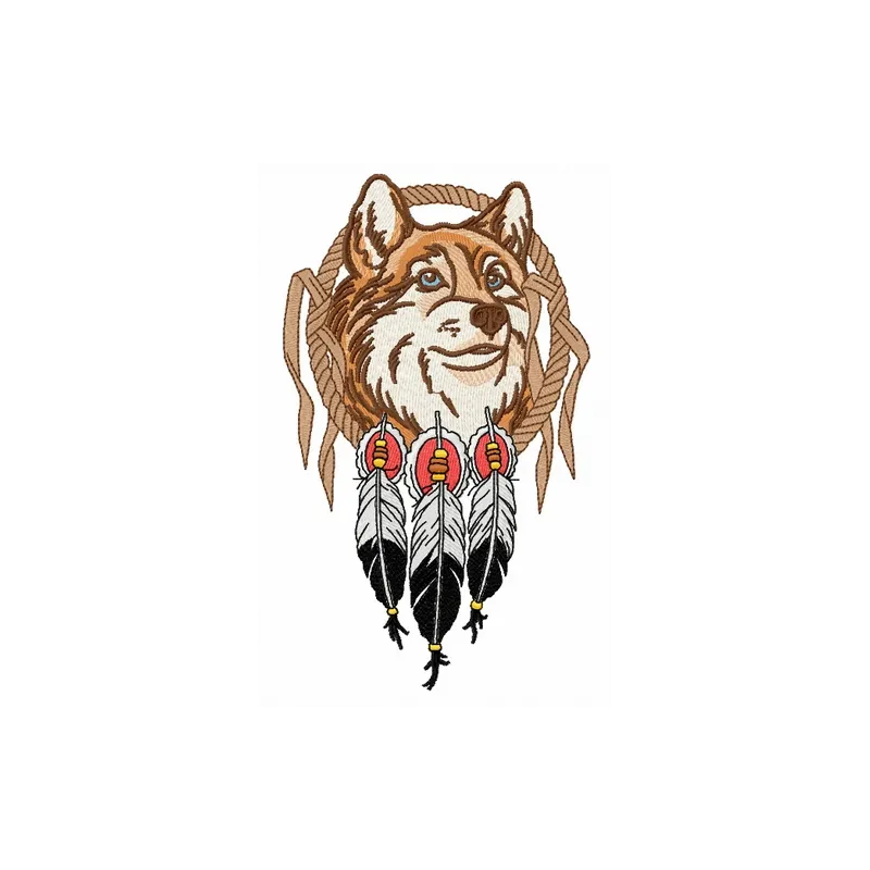 Fox and dreamcatcher embroidery design featuring a whimsical fox intertwined with intricate dreamcatcher motifs.