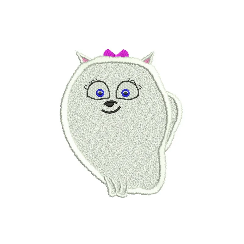Gidget embroidery design featuring the adorable character from The Secret Life of Pets, perfect for stitching on t-shirts.