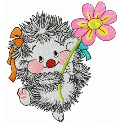 Preview of a charming hedgehog with chamomile embroidery design, perfect for adding a whimsical touch to your projects.