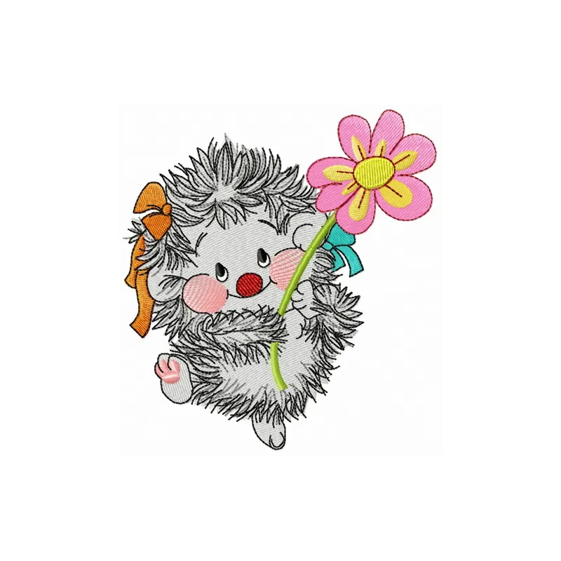 Preview of a charming hedgehog with chamomile embroidery design, perfect for adding a whimsical touch to your projects.