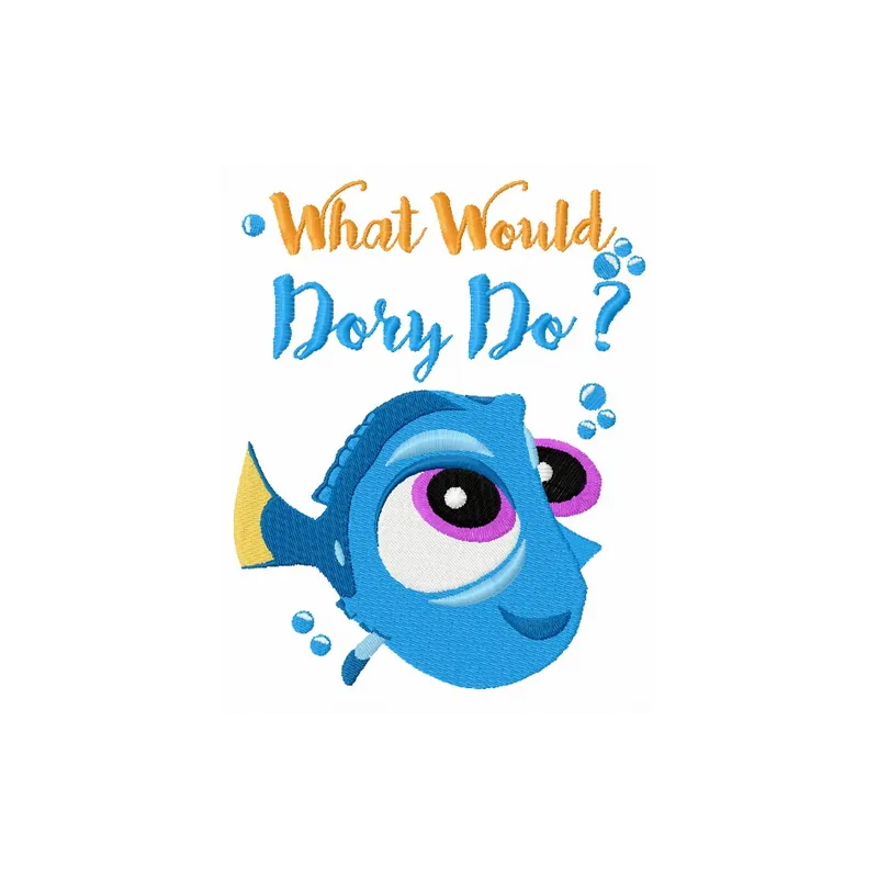 Preview of the 'What Would Dory Do?' embroidery design featuring vibrant colors and whimsical stitching patterns.