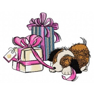 Presents for puppy embroidery design - Embroidery Design