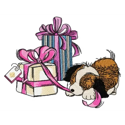 Embroidery design featuring colorful presents for a playful puppy, perfect for pet-themed projects.