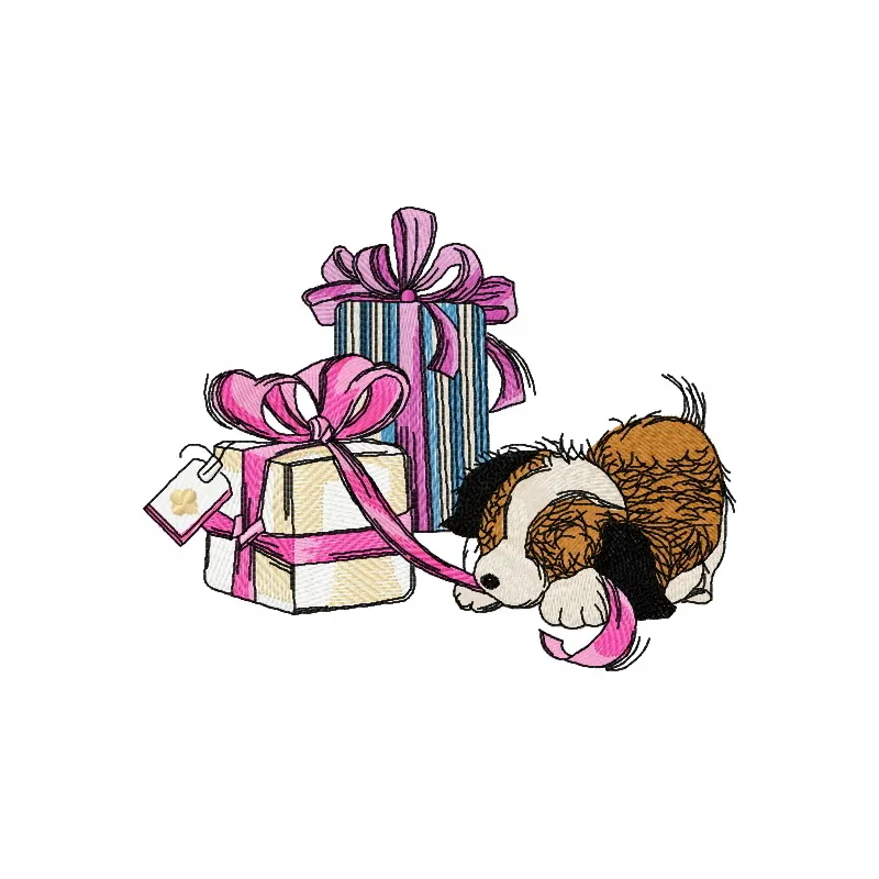 Embroidery design featuring colorful presents for a playful puppy, perfect for pet-themed projects.