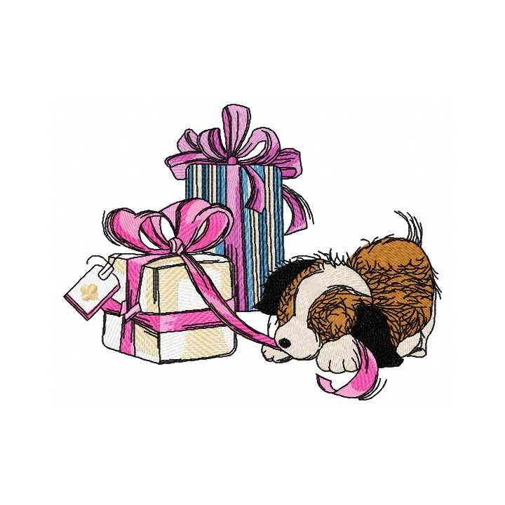 Presents for puppy embroidery design - Embroidery Design