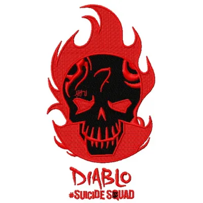 Preview of the Suicide Squad Diablo embroidery design featuring vibrant colors and detailed stitching patterns.