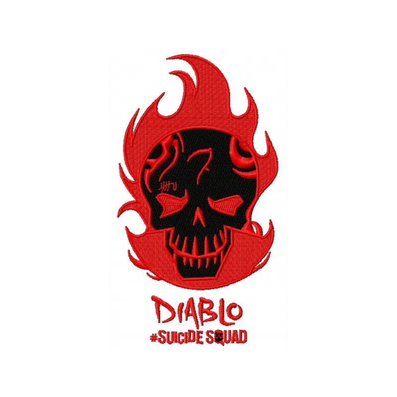 Preview of the Suicide Squad Diablo embroidery design featuring vibrant colors and detailed stitching patterns.