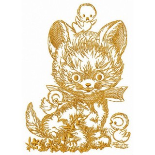 Kitten with chickens embroidery design - Embroidery Design