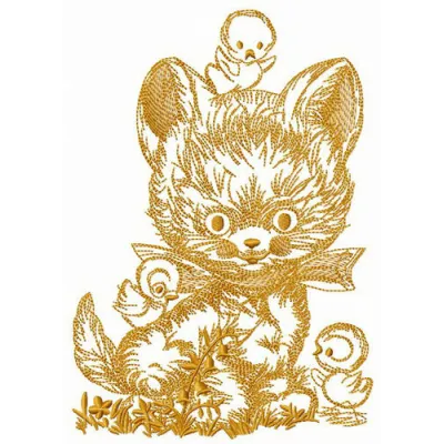 Embroidery design featuring a playful kitten with chickens, ideal for stitching on t-shirts or tote bags.