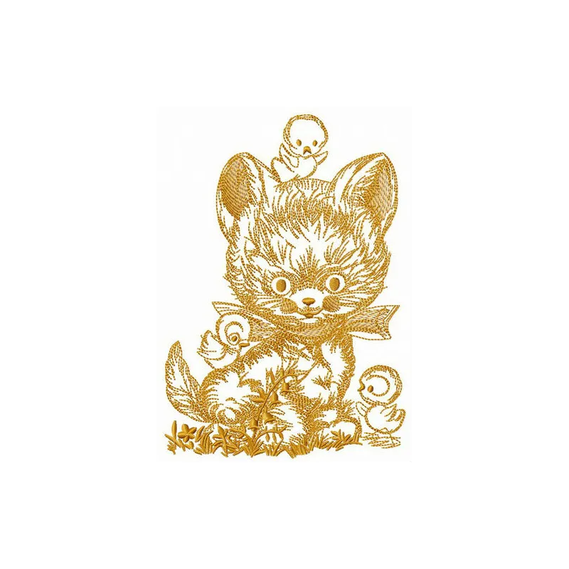 Embroidery design featuring a playful kitten with chickens, ideal for stitching on t-shirts or tote bags.