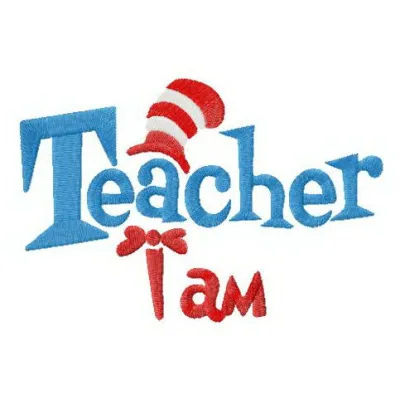 Preview of the 'Teacher I Am' embroidery design inspired by Dr. Seuss, showcasing vibrant stitching patterns for creative pr…
