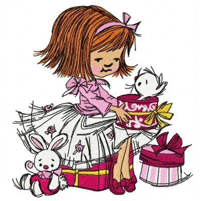 Preview of a girl's presents embroidery design featuring colorful gift motifs, ideal for baby garments and accessories.